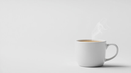  Freshly brewed cup of coffee in a white mug, steam rising from the cup, clean white background with natural light, simple and inviting.