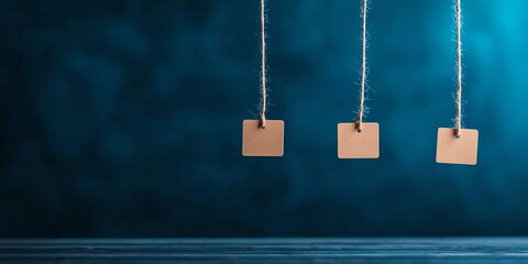 A 3D minimalistic background featuring three hanging tags on strings, ideal for labels, notes, or creative projects in vibrant colors.