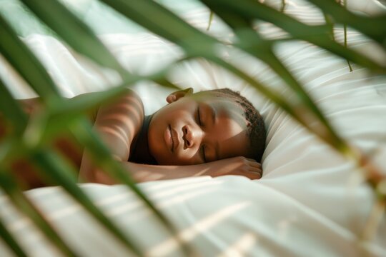 Tranquil night envelops sleeping child ensuring dreams and comfort. Child sleep his side depicts serene blend of coziness and rest. Serene slumber is allegory carefree undisturbed innocence.