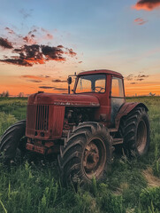 Fototapeta premium Photo of old tractor, evening sky, close-up of wheel and tire, green grass in front of it, industrial area near village