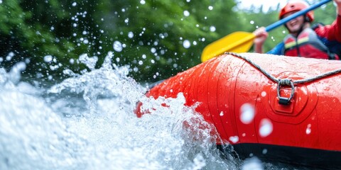 Naklejka premium An action-packed scene of a vibrant red raft navigating through turbulent whitewater rapids, with water splashing all around, capturing the excitement of rafting adventure.