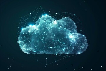 A cloud structure composed of interconnected lines and nodes emits a luminous glow, illustrating the concept of digital data storage and networking in technology.