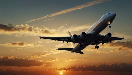 Passenger plane taking off at sunset or dawn