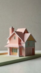 Pastel paper model home on a white background, illustrating minimalist architecture.
