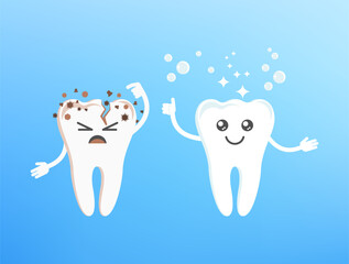 Funny cute smile and sad teeth characters. Dental health.