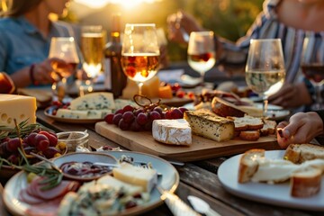 A group of people are enjoying a meal together, with a variety of food, generative ai image