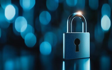 A sleek metallic padlock against a vibrant blue bokeh background, symbolizing security and protection.