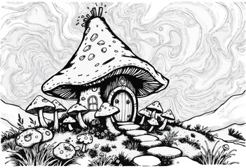 Mushroom Cottage Fantasy. A vibrant illustration of a whimsical mushroom house, ideal for storybook themes and enchanting designs. vibrant swirling colors dark color brush texture digital painting