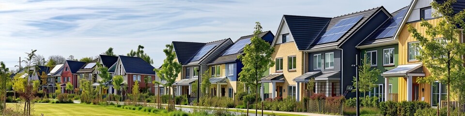 New beautiful suburban houses with solar panels on the roof, web banner format
