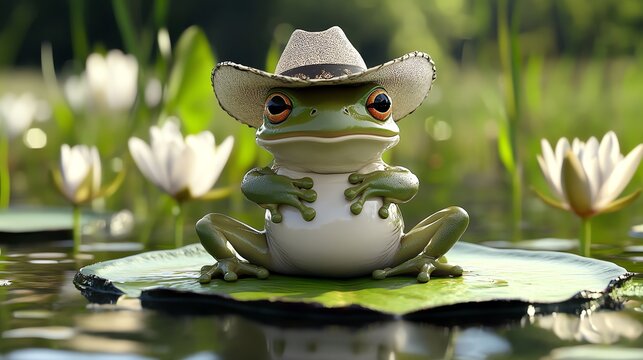 A frog in a cowboy hat sits on a lily pad in a pond.