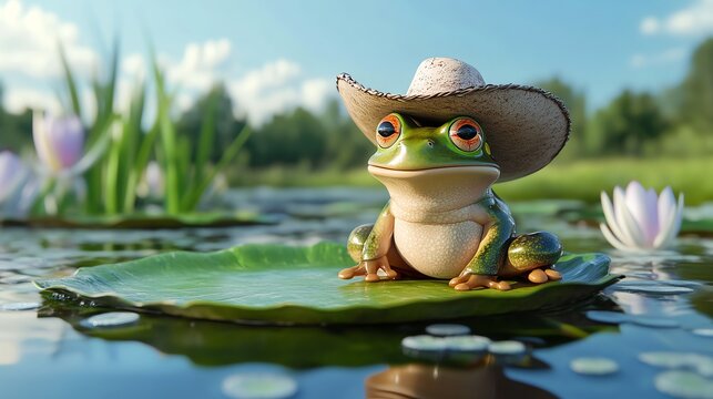 A cartoon frog wearing a cowboy hat sits on a lily pad in a pond.