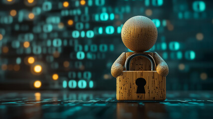 Wooden figure holding a lock against a binary code background.