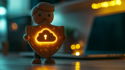 Toy figure holding shield with glowing cloud lock symbol.