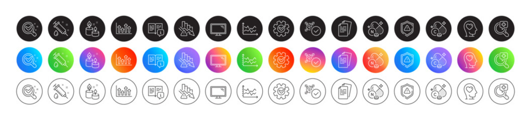 Qr code, Deflation and Chemistry lab line icons. Round icon gradient buttons. Pack of Medical syringe, Manual, Monitor icon. Upper arrows, Aroma candle, Mental health pictogram. Vector