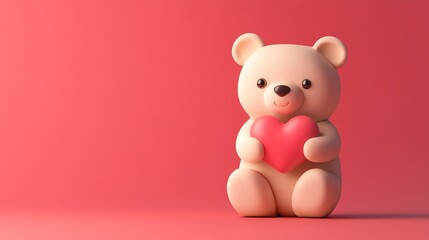 Obraz premium A cute teddy bear holds a red heart on a pink background.