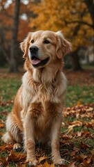 Picture of a golden retriever in an autumn setting.
