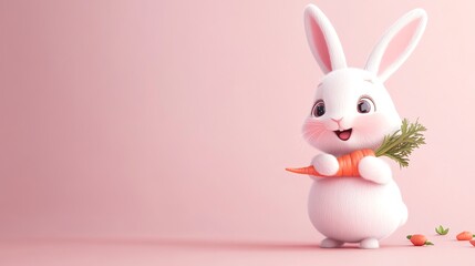 Obraz premium A cute, white bunny holding a carrot with a pink background.