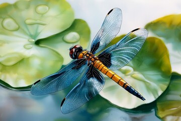 A dragonfly hovering above a pond, delicate watercolor strokes capturing its light, graceful movement and freedom.