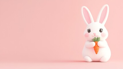 Obraz premium A cute white rabbit holding a carrot on a pink background.