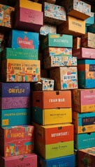 Pile of colorful cardboard boxes with vibrant graphics and titles.