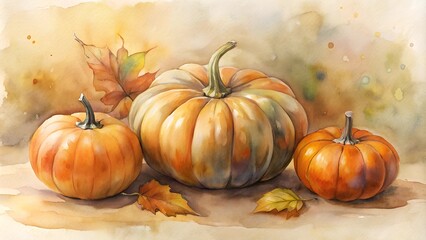 Watercolor pumpkins and autumn leaves on a soft textured background