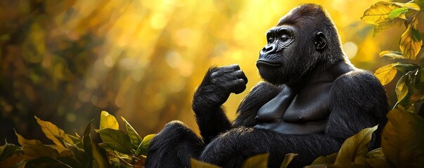 Fototapeta premium A gorilla sitting peacefully in a sunlit jungle, watercolor shades capturing the quiet strength and freedom of the wild.