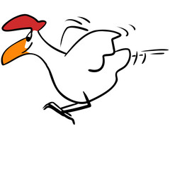 White hen or chicken with an orange beak and a large crest flying towards the ground
