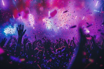 Fans enthusiastically raise their hands as confetti falls from above, illuminated by dynamic lights during a high-energy concert at a packed venue.