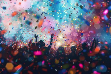 A lively crowd enjoys a music festival at night, surrounded by colorful confetti drifting down from above, creating a festive and joyful atmosphere.