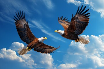 Obraz premium A pair of eagles circling each other in the sky, watercolor tones representing the freedom of companionship in the wild.