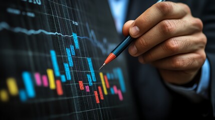 A close-up of a business professional analyzing stock market trends with a pen, showcasing financial data and colorful graphs.