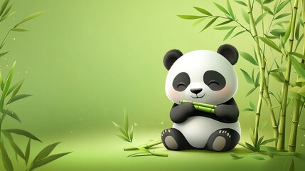 A cute panda bear sitting in a bamboo forest with a bamboo stick in its paws.