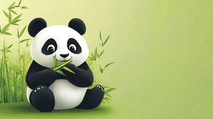 Obraz premium A cute cartoon panda bear eating bamboo in a forest.
