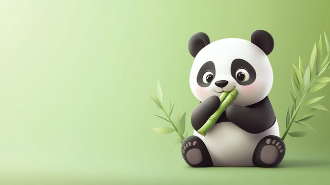 Fototapeta Cute cartoon panda eating bamboo on a green background.