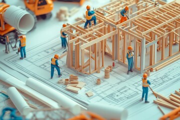 A vibrant construction site with miniature workers building a house using blueprints and tools