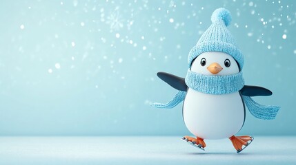 A cute penguin ice skating in a blue winter hat and scarf against a snowy blue background.