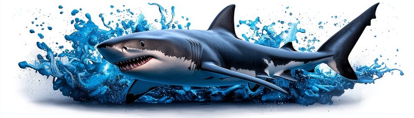 Fototapeta premium A shark cutting through clear blue waters, watercolor strokes capturing its sleek power and oceanic freedom.