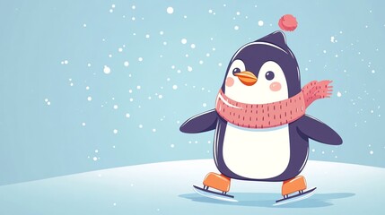 A cute cartoon penguin wearing a hat and scarf ice skating on a winter background.
