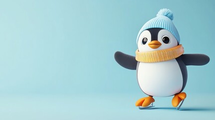Obraz premium A cute penguin ice skating while wearing a blue hat and yellow scarf against a light blue background.