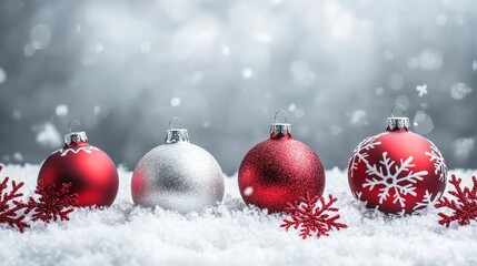 Symmetrical snowy backdrop with red christmas ornaments and snowflakes for product photography