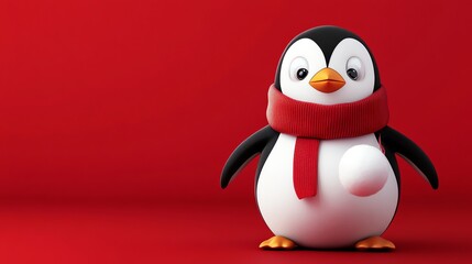 Cute penguin wearing a red scarf holds a snowball against a red background.