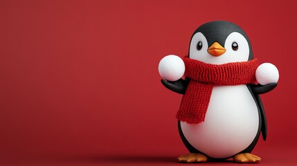 Obraz premium Cartoon penguin with a red scarf holding snowballs in front of a red background.