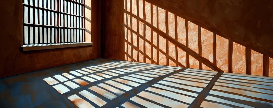 Watercolor depiction of an empty jail cell with soft sunlight streaming through barred windows, conveying hope amidst confinement.