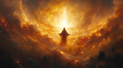 A celestial figure emerges amidst a vibrant cosmic backdrop of light and energy.