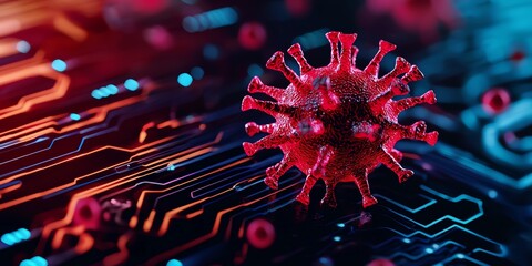 An abstract depiction of a virus on a colorful digital circuit board highlighting the intersection of biology and technology.