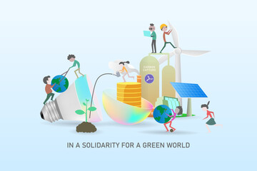 An illustration of a campaign calling for solidarity to save the Earth from climate change, blending realistic vector and flat design styles