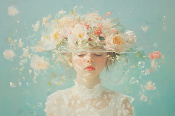 Woman with Flowers in Water  Dreamy Portrait  Artistic Illustration