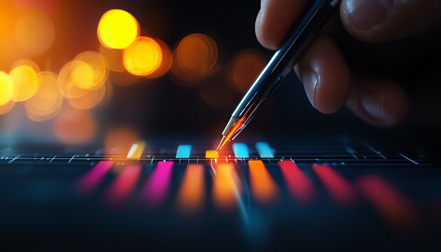 Close-up of a hand using a pen on a digital interface with colorful graphs and lights representing data analysis and creativity.