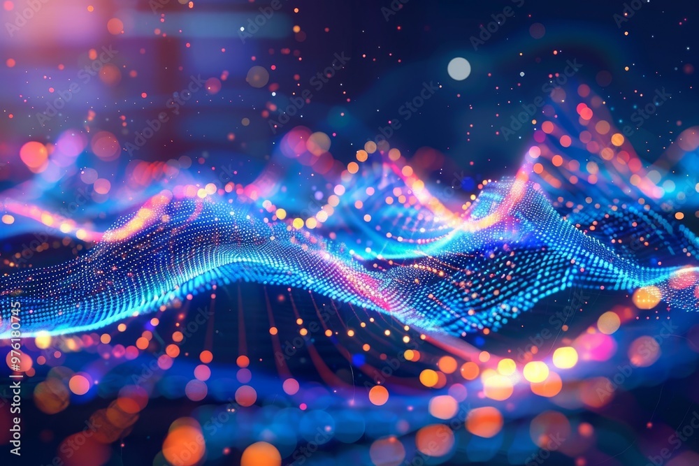 Poster a dynamic display of colorful waves and glowing dots illuminates the background, creating an engagin