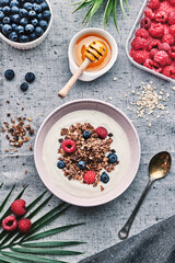 Healthy breakfast meal. Yogurt with granola, berries fruits and honey  top view